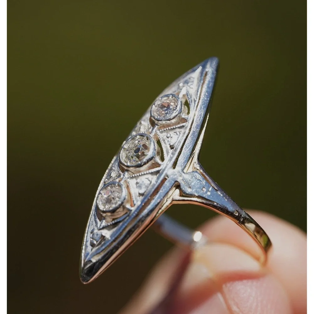 Antique Edwardian 12k Solid Gold Natural Old European Cut Ring Filigree Navette - Picture 6 of 10
